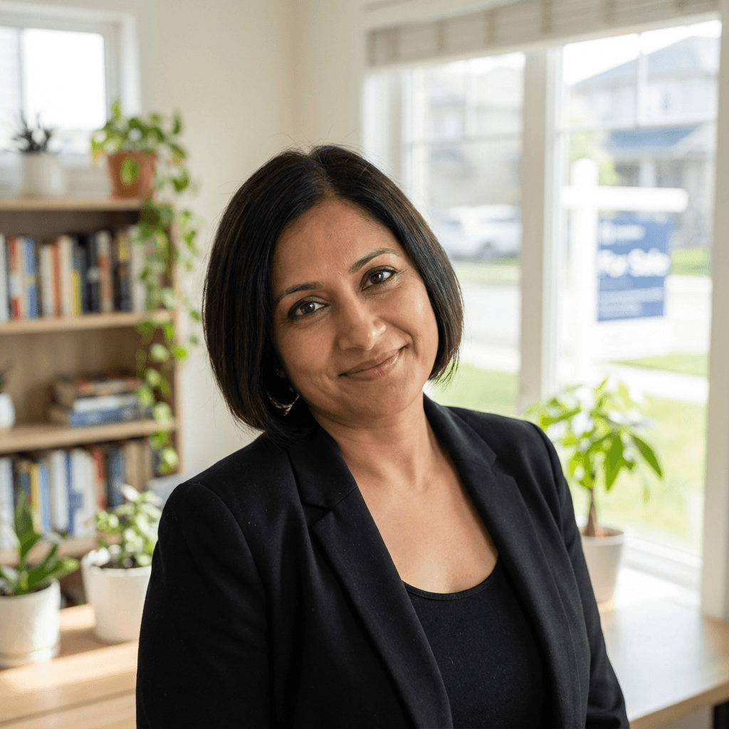 Priya Patel, female homeowner in her mid 30s, warm and pleasant appearance