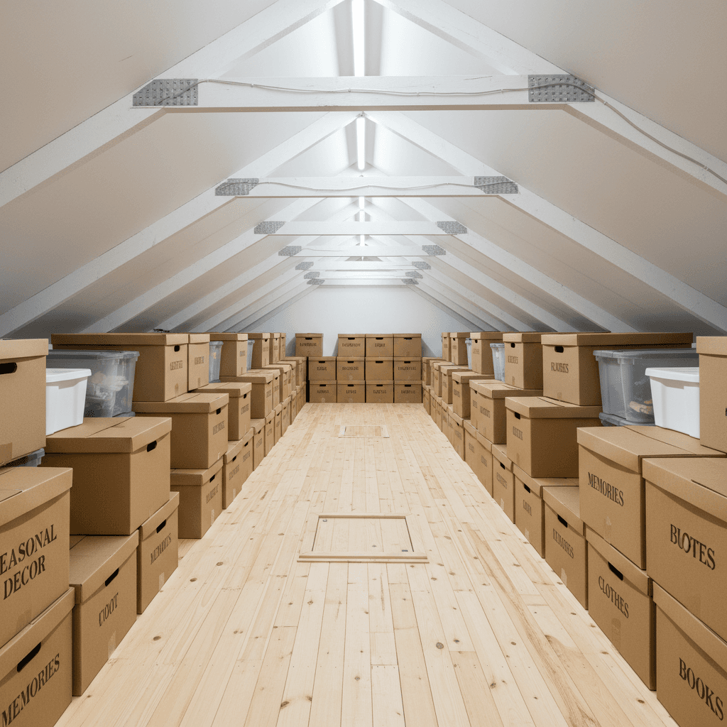 Neatly boarded loft with boxes stored in order