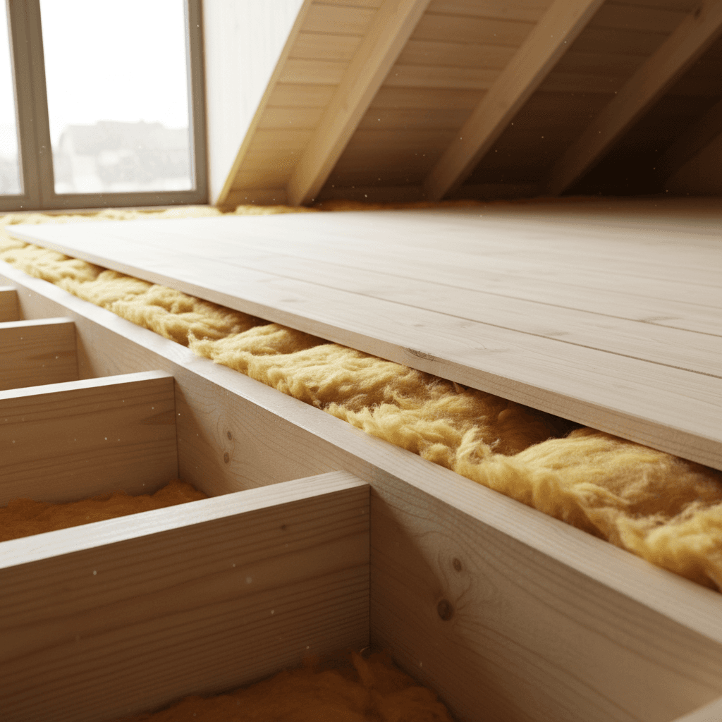 Loft insulation laid between wooden beams with clean loft boarding above