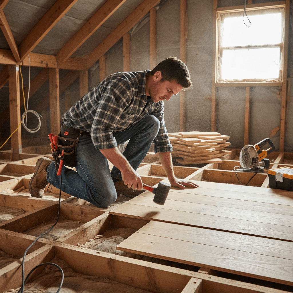 Craftsman installing wooden loft flooring panels in an attic space