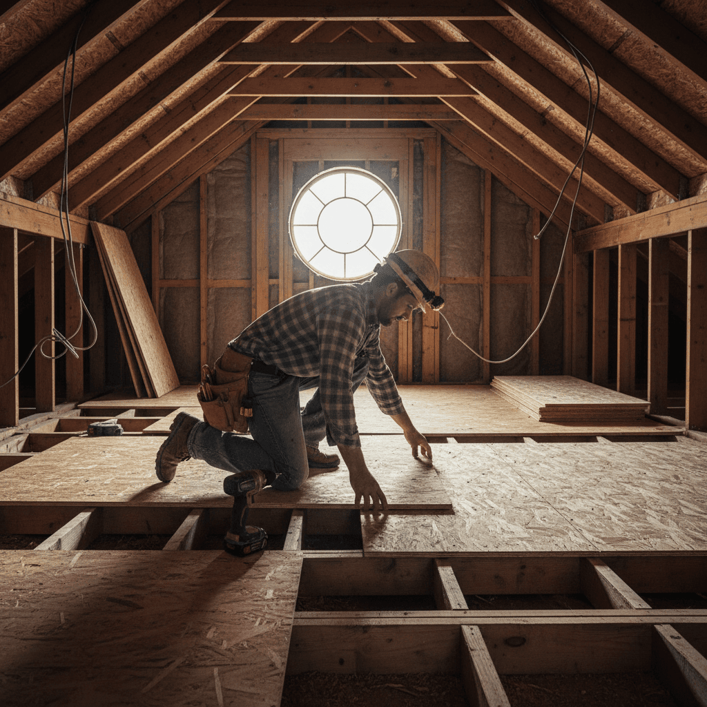 Worker in a safety vest fitting plywood loft boards over the joists in an attic