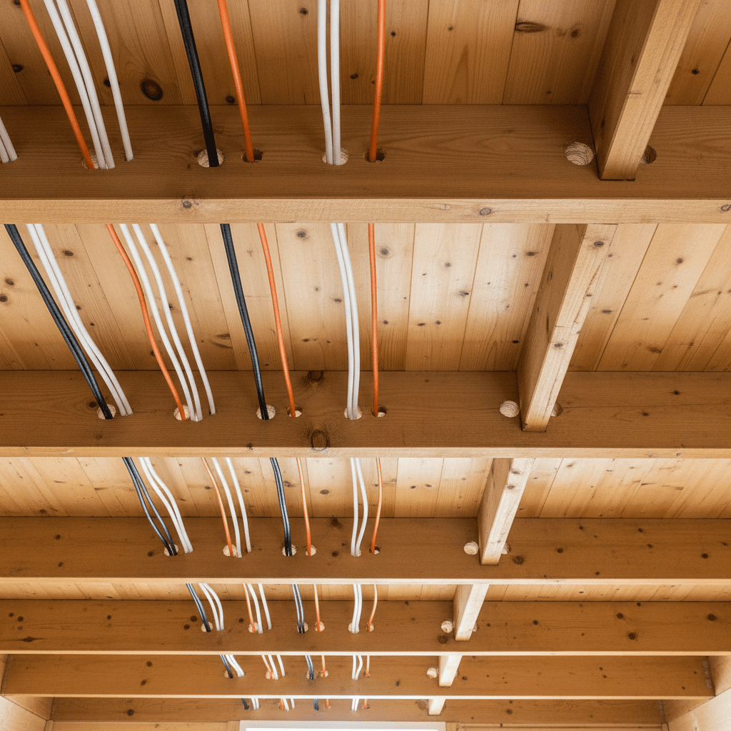 Wiring running along the joists beneath a clean section of loft flooring