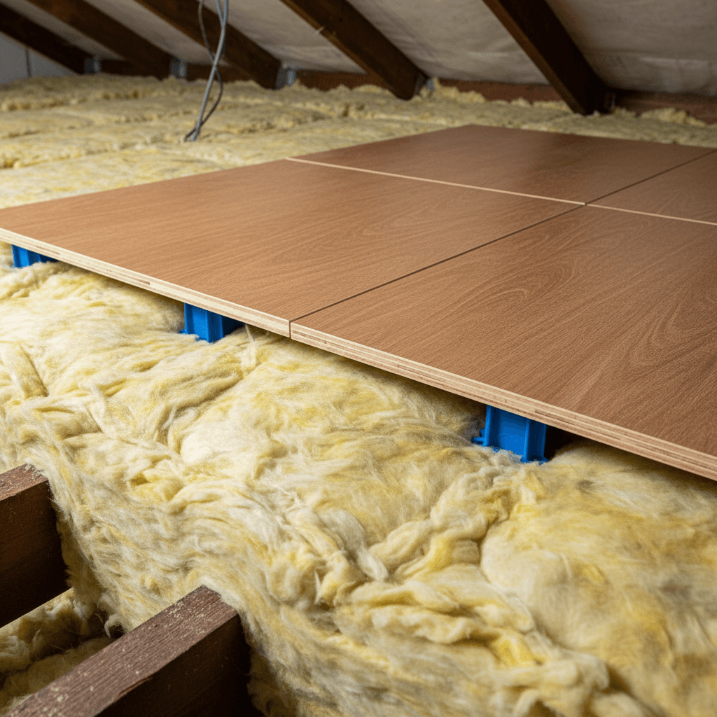 Raised loft boarding elevated over insulation with a clear gap for airflow