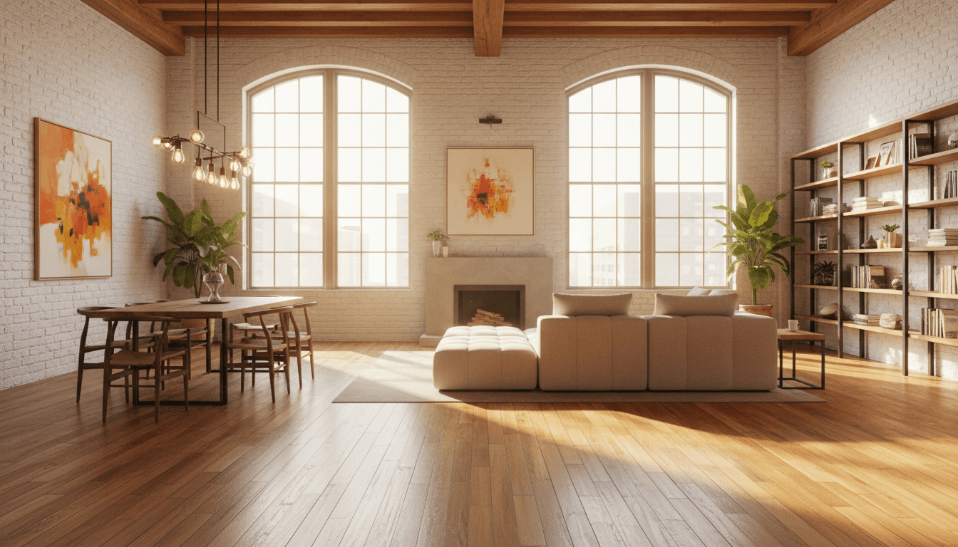 Bright boarded loft space with wood flooring and natural light