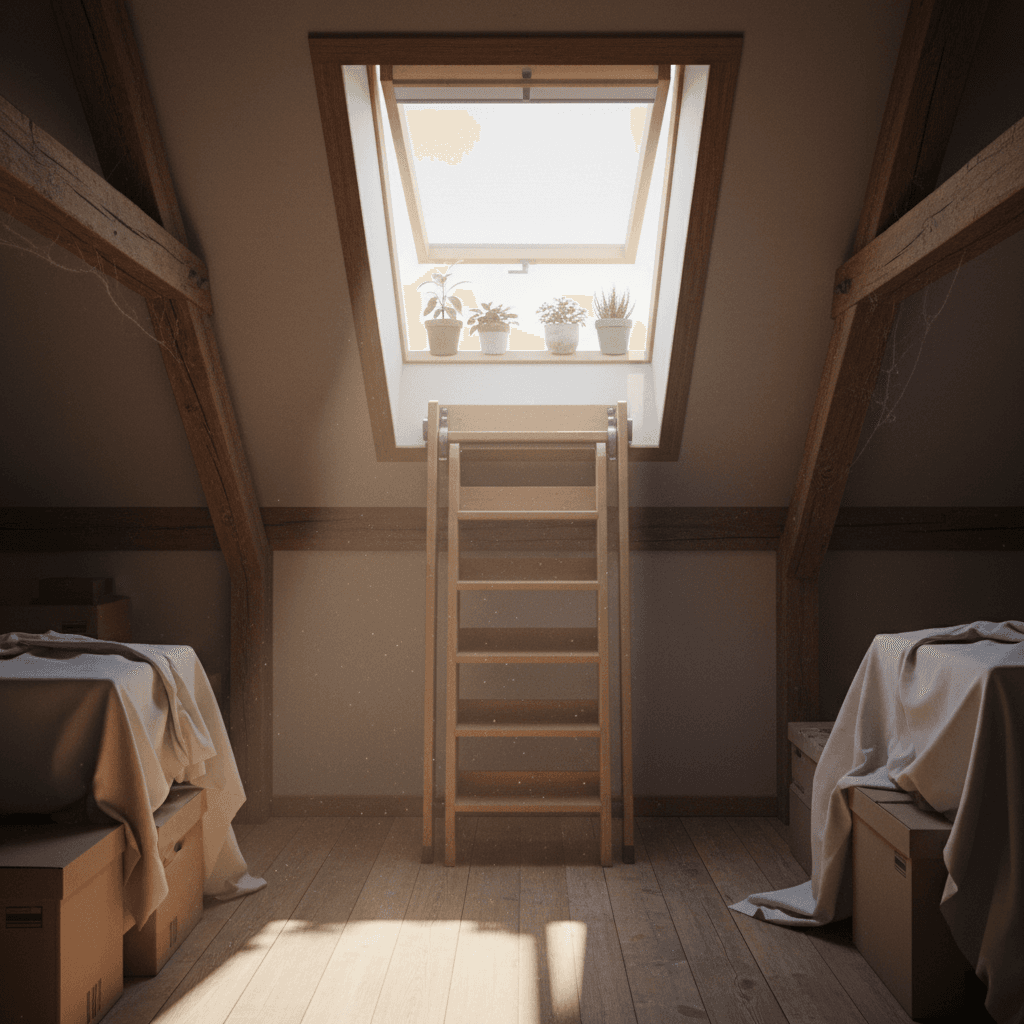 Loft ladder and natural light in attic