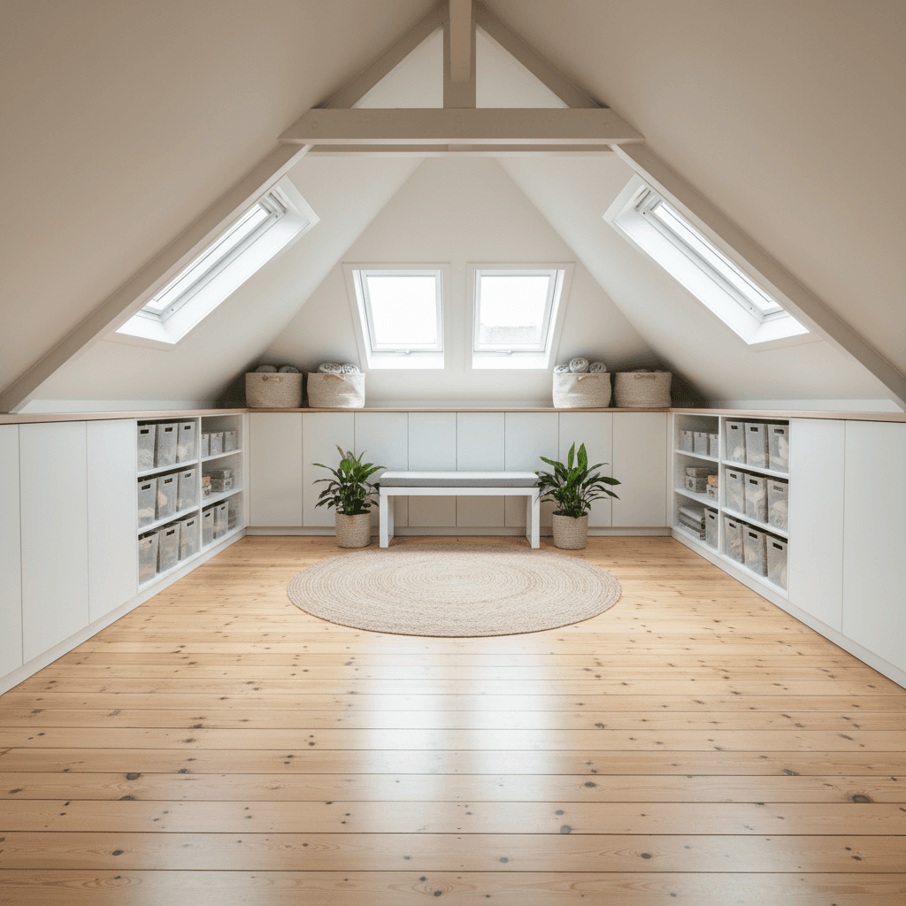 Tidy finished loft space with clean boarded wooden floor and storage