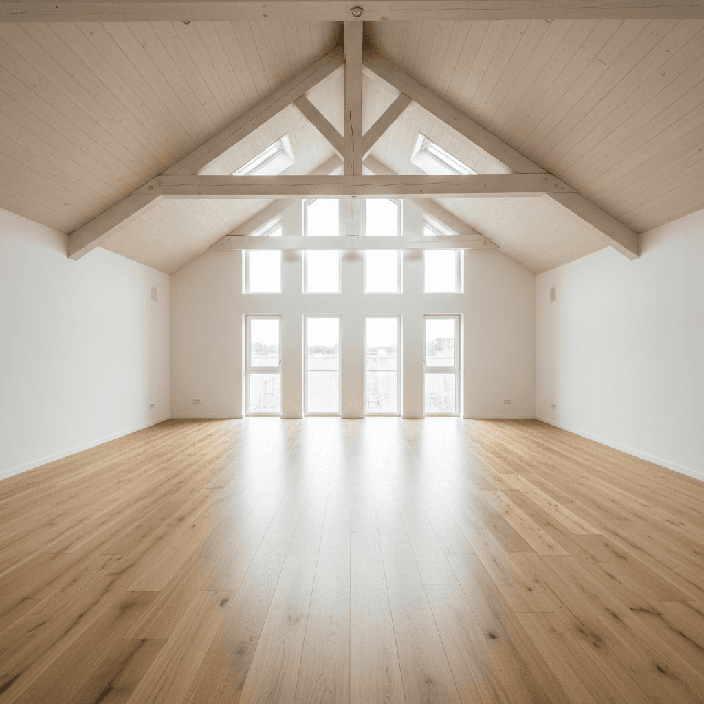 Clean empty loft space with wooden boards and natural light
