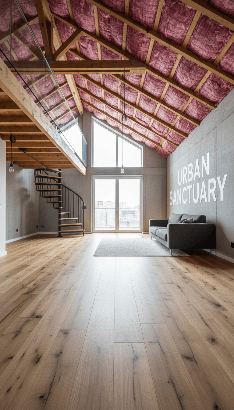 Loft boarding with exposed insulation and wooden boards