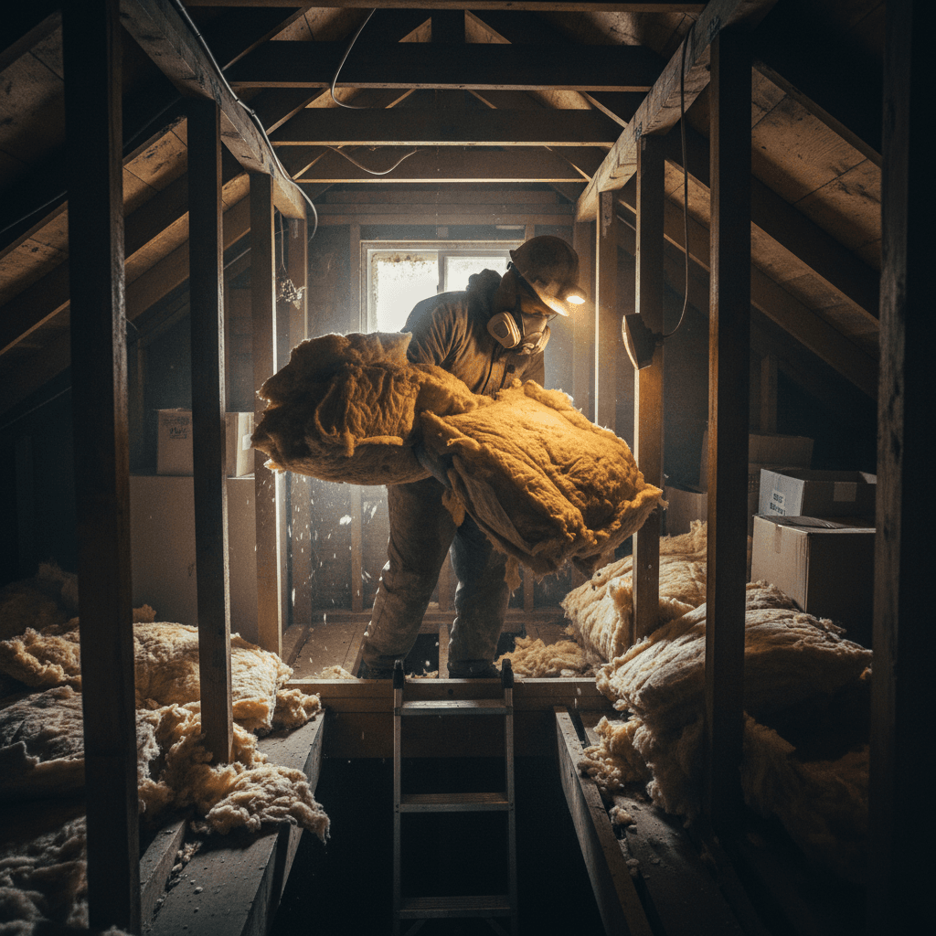 Worker carrying old insulation out of a loft
