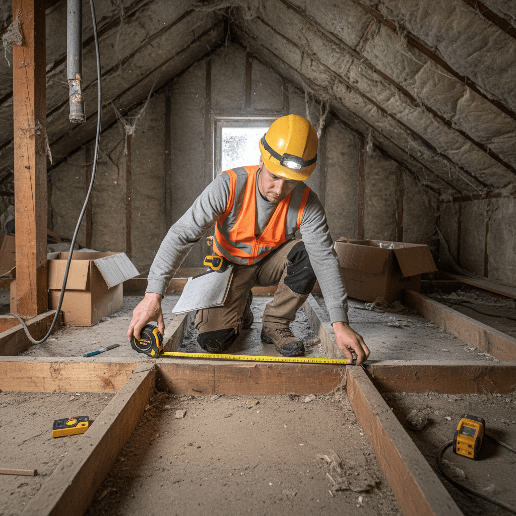 Professional surveyor measuring inside an attic loft space with a tape measure
