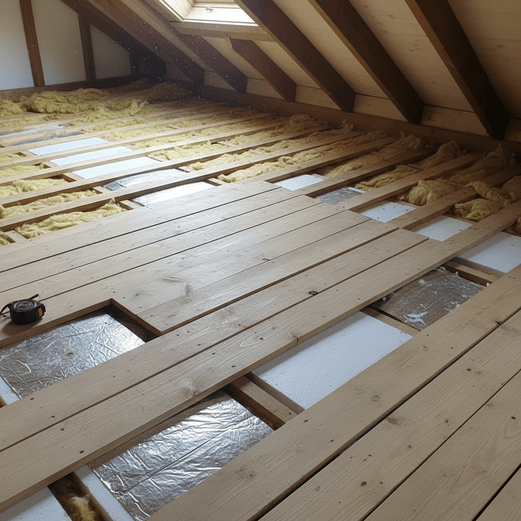 Close-up of loft boarding showing insulation material tucked underneath the planks