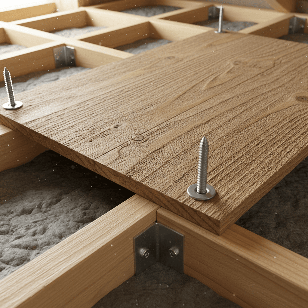 Close-up of wooden loft board with visible screws and supporting joists