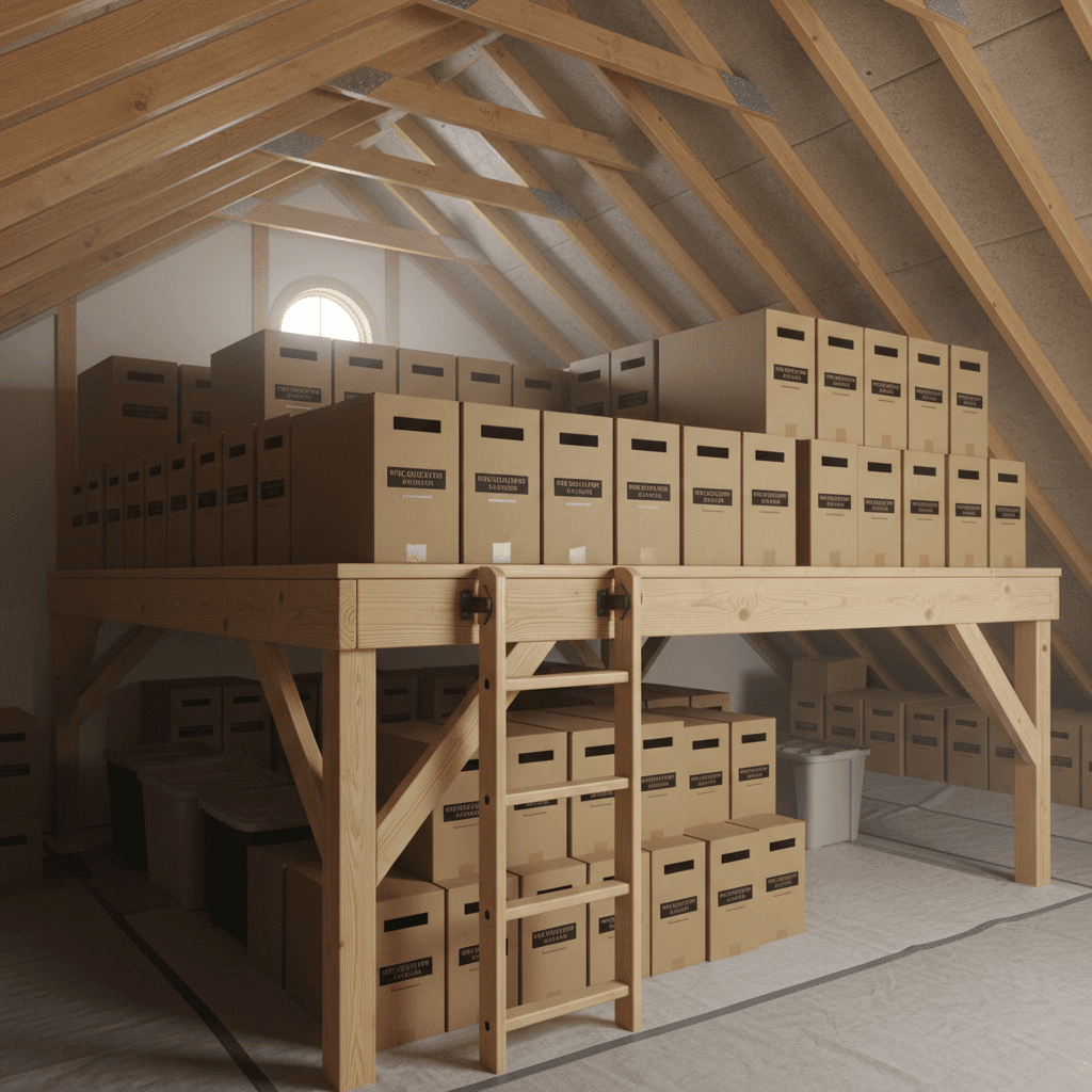 Raised loft platform with storage boxes