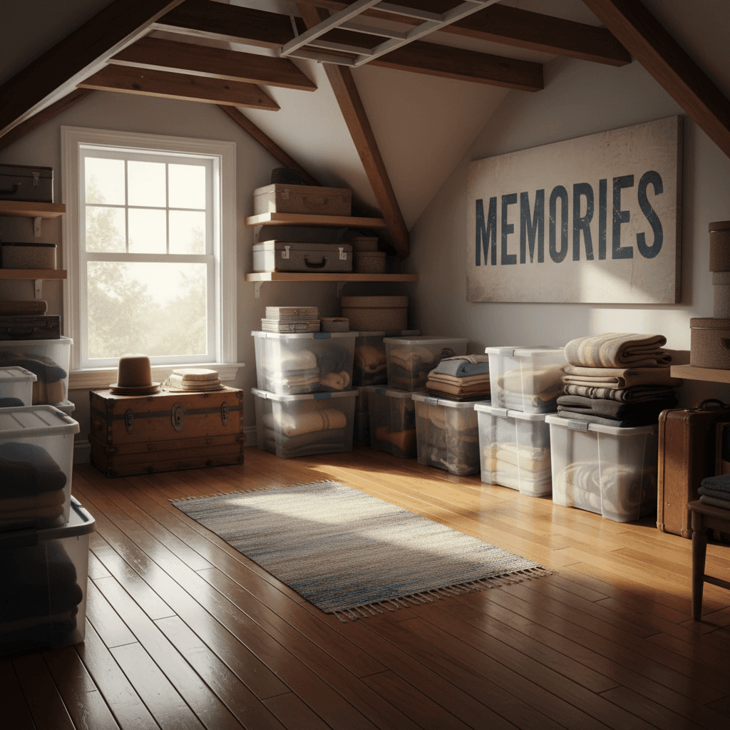 Bright attic converted into a usable storage room with finished wooden flooring