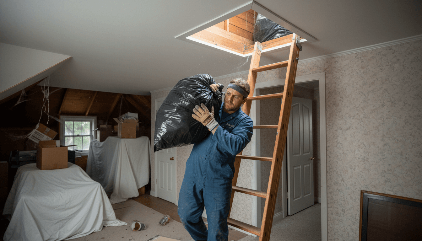 Worker in protective gloves carrying black rubbish bag from attic space