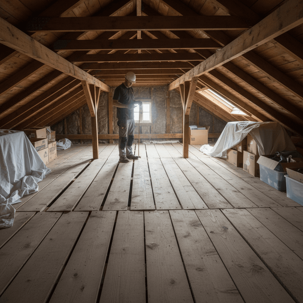 Person walking on sturdy wooden loft boarding in a bright attic