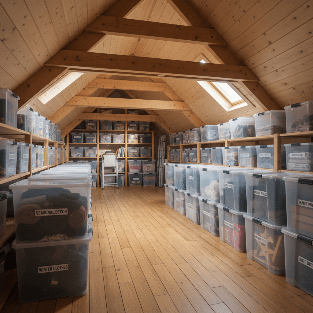 Cardboard boxes and storage tubs neatly arranged on wooden loft boarding