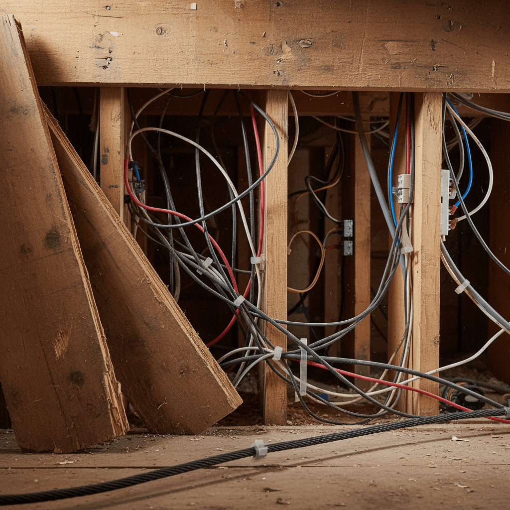 Electrical wires visible beneath raised wooden loft boards