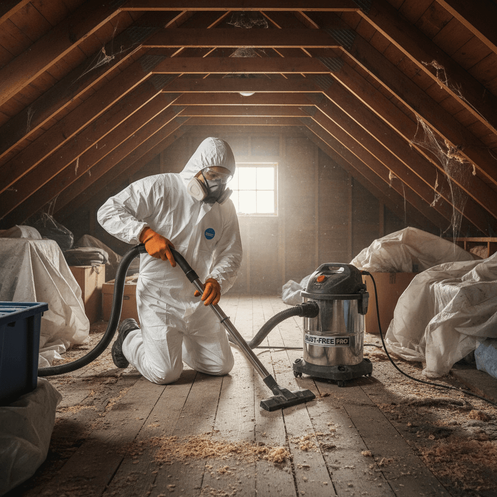 Worker cleaning a loft space with a vacuum