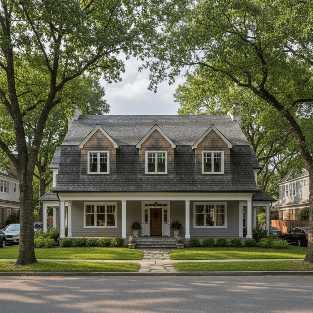 Brick house with a gable roof and attic windows on a quiet residential street