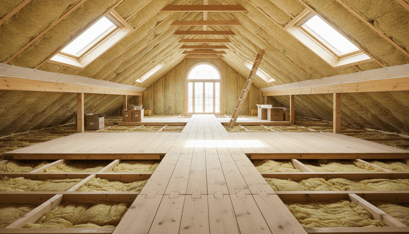 Raised wooden loft boarding installed over insulation in a bright attic space