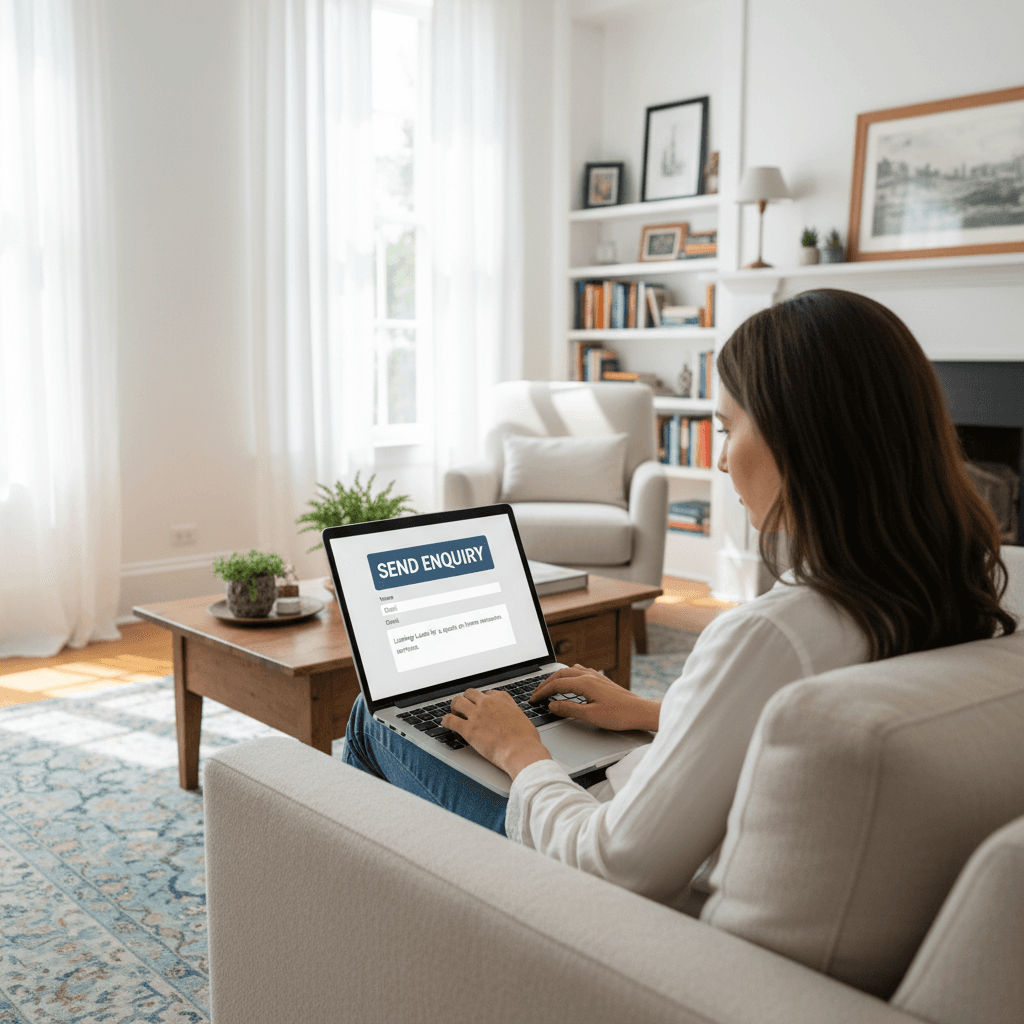 Homeowner sending an enquiry message on a laptop in a bright living room