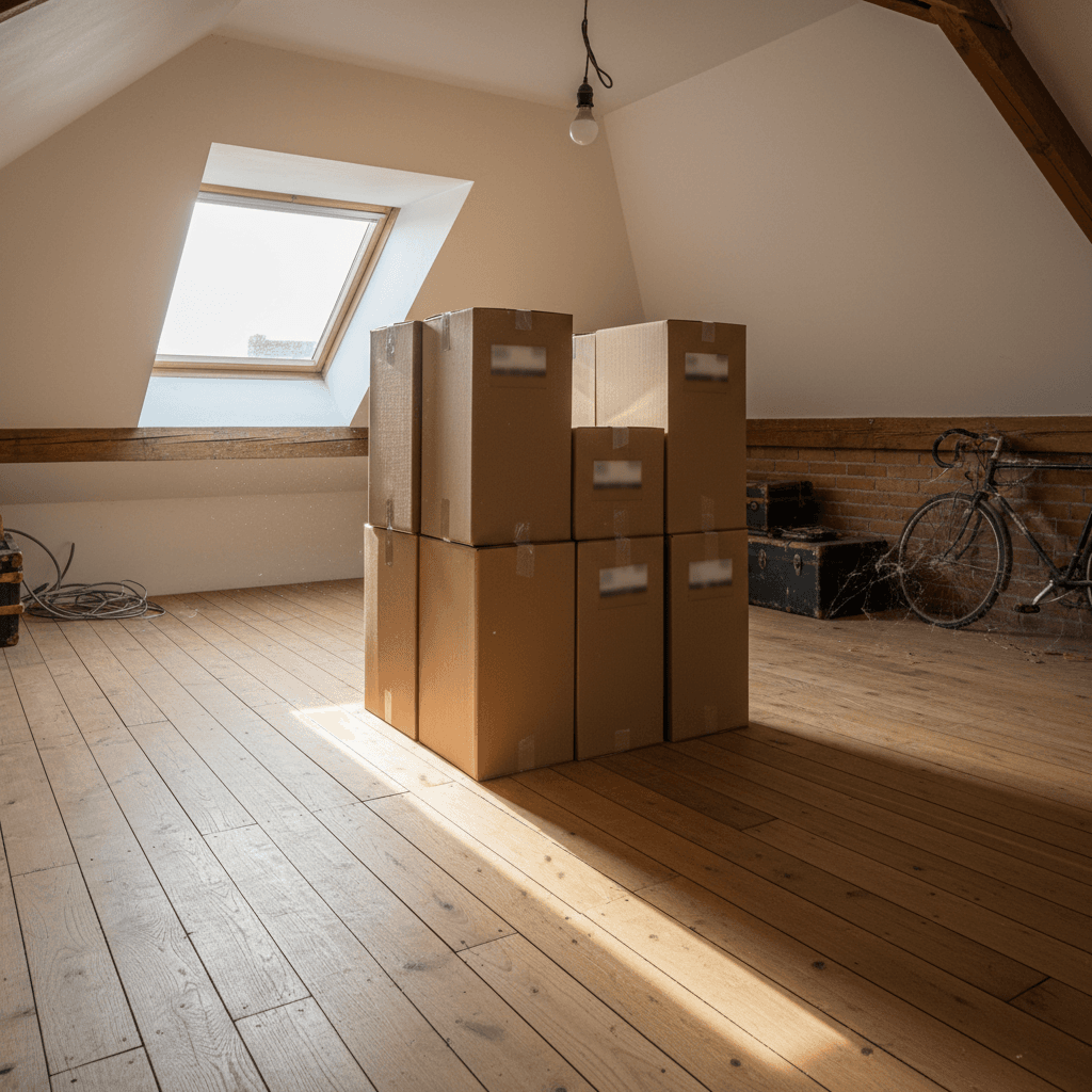 Sturdy wooden loft flooring with neatly stacked cardboard boxes in a bright attic space