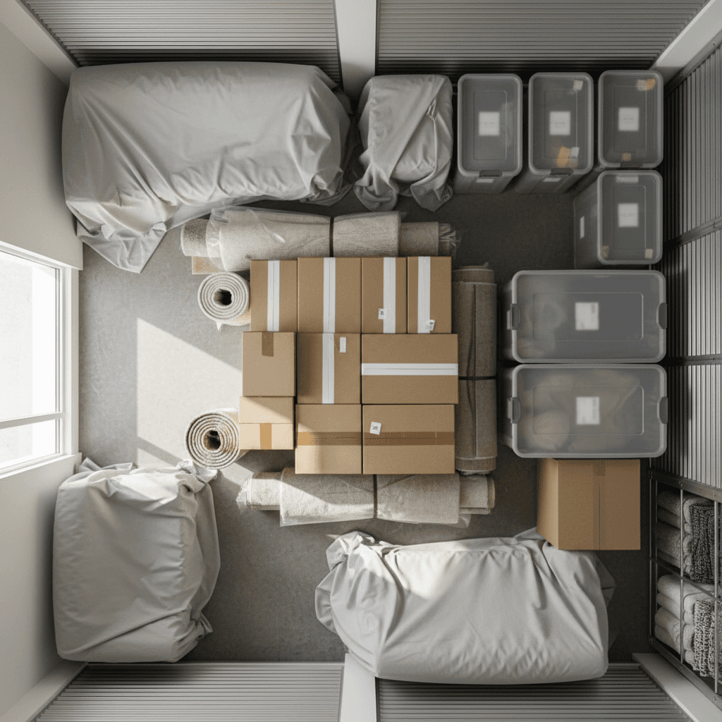 Boxes stored neatly on boarded loft floor