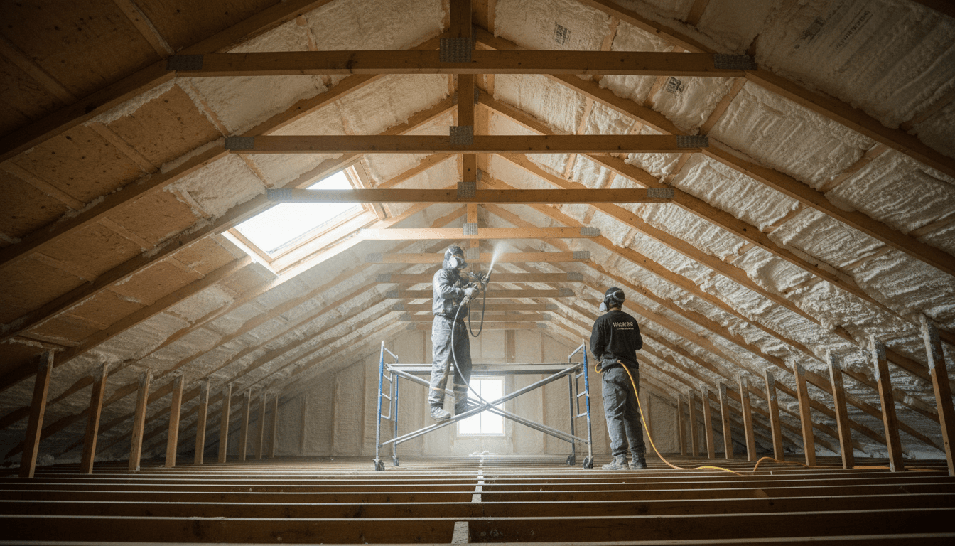 Fitter laying insulation rolls between loft joists