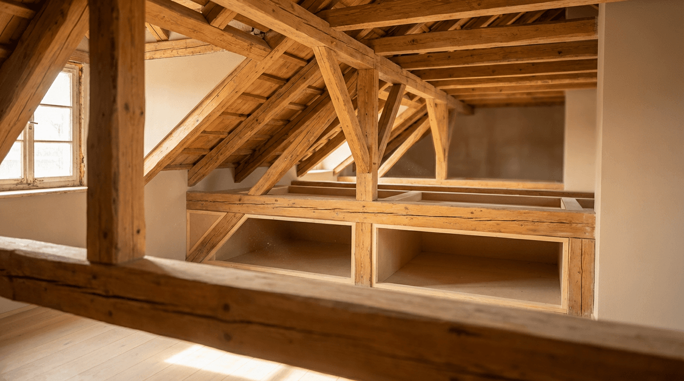 Painted wooden loft ladder extended down into hallway
