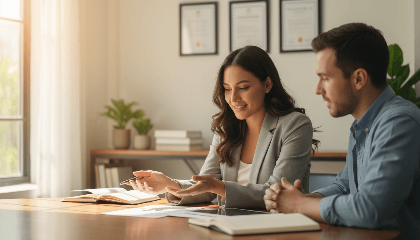 Professional consultant and client reviewing documents together at wooden desk in bright, modern office with natural window lighting
