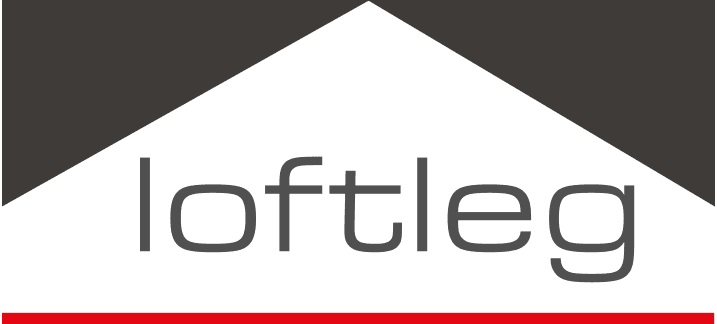 Loftleg logo featuring grey lowercase text, a dark roofline graphic, and a red line.
