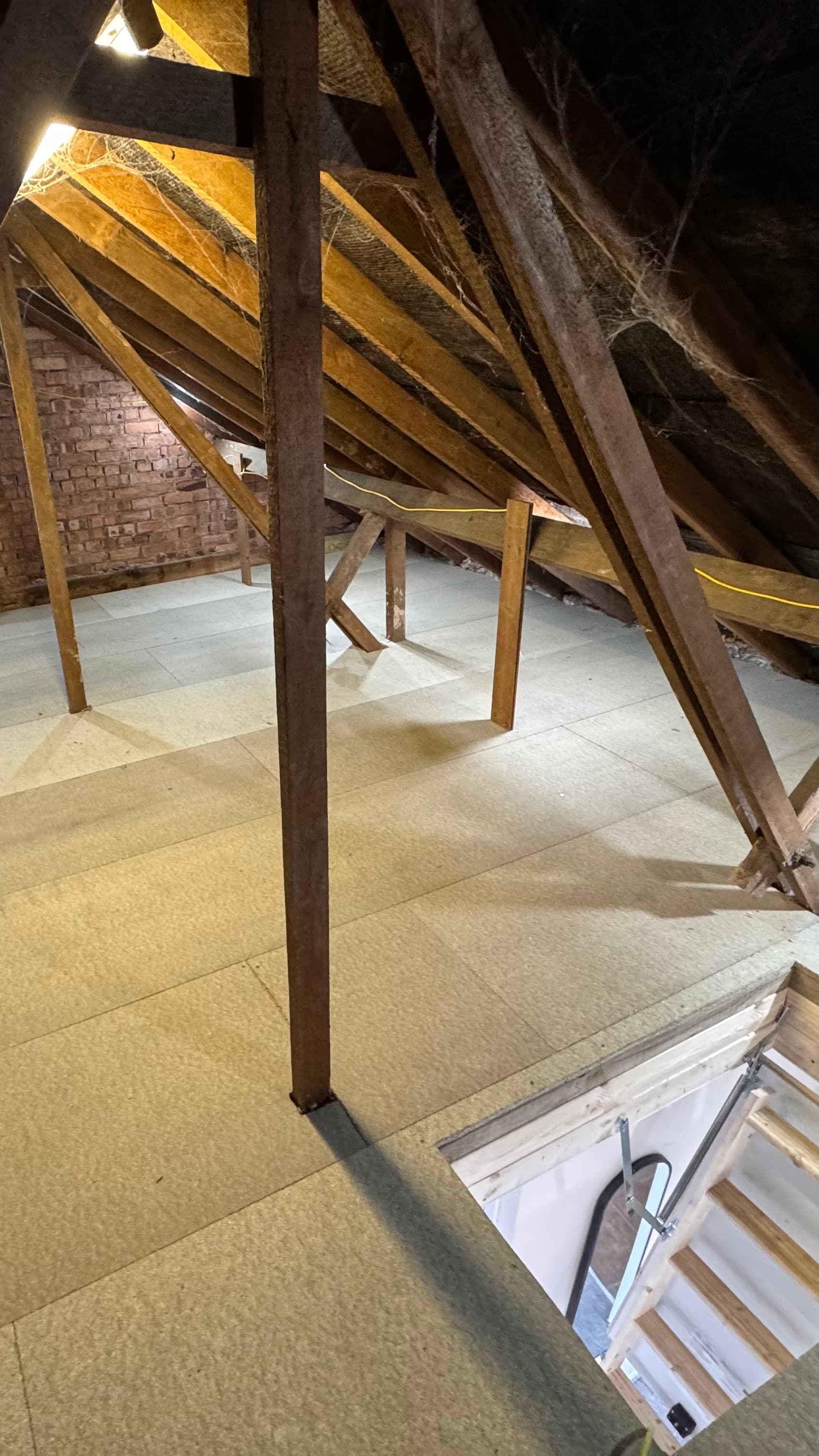 Newly boarded attic space featuring exposed wooden beams and an open loft ladder hatch.